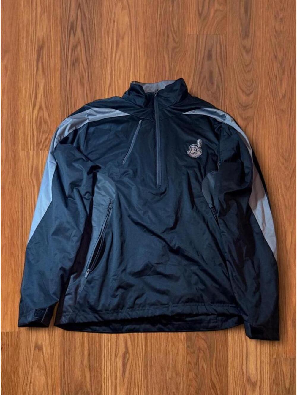 Antigua Mens M Cleveland Baseball Quarter Zip Windbreaker Jacket Black Gray